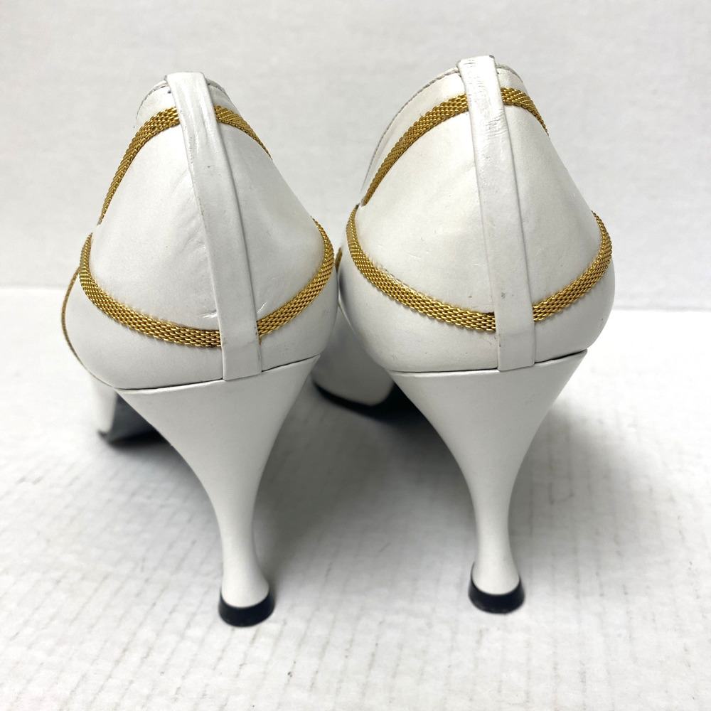 Stuart Weitzman White Pump Leather Gold Slim Heel Classic Vintage Almond Toe 10 - Picture 7 of 10
